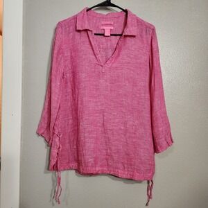Isaac Mizrahi Women's 100% Linen Popover Blouse Hot Pink 3/4 Sleeves Career Sz S